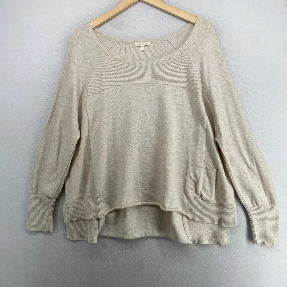 EILEEN FISHER Sweater M Organic Cotton Boxy Tunic Scoop Neck Pullover Beige
